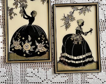 Victorian Foil Silhouette Reverse Glass - "Colonials in Pairs" Made in 1933 - Set of TWO