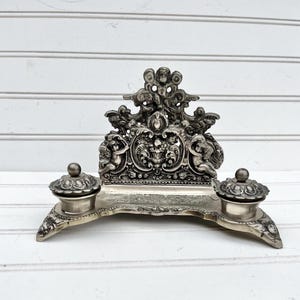 Ornate Vintage Pewter Letter Holder with Double Inkwells Featuring Cherubs