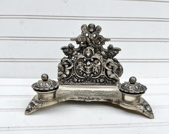 Ornate Vintage Pewter Letter Holder with Double Inkwells Featuring Cherubs
