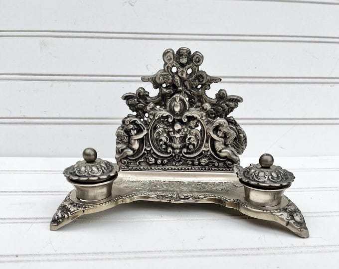 Featured listing image: Ornate Vintage Pewter Letter Holder with Double Inkwells Featuring Cherubs
