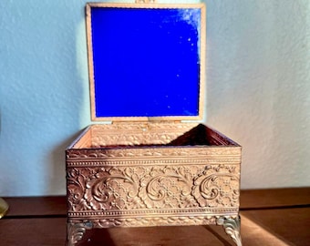 Antique Victorian Ornate Copper and Cobalt Stained Glass Jewelry Box