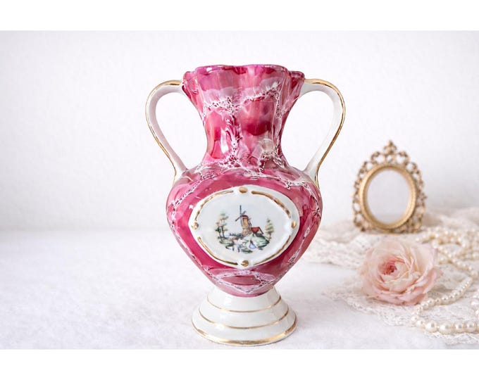 Vintage Rococo Style Italian Vase with Windmill Scene and Gold Trim