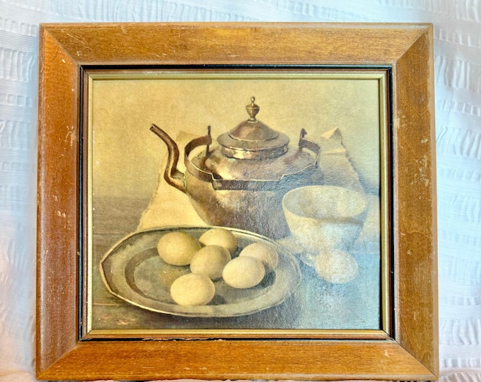 Featured listing image: Vintage Henk Bos Still Life Lithograph Reproduction | Teapot & Eggs Kitchen Art in Wood Frame
