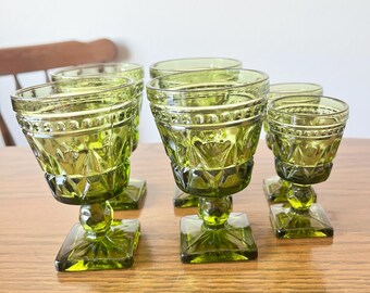 MCM Vintage Colony Park Lane Water / Wine Glasses Avocado Green Pedestal Goblet Pressed Patterned Glass Set of 6