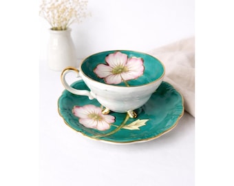 Vintage Fine China Vintage Footed Tea Cup and Saucer Teal with Pink Hibiscus