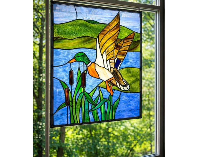 Large Stained Glass Art Duck Window Panel