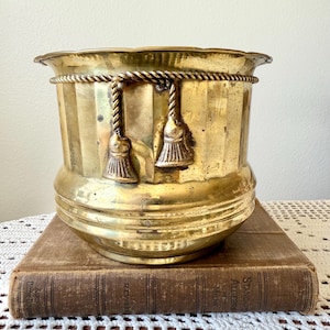 Vintage Hand Hammered Brass Planter: French Tassel Rope, Boho Decor