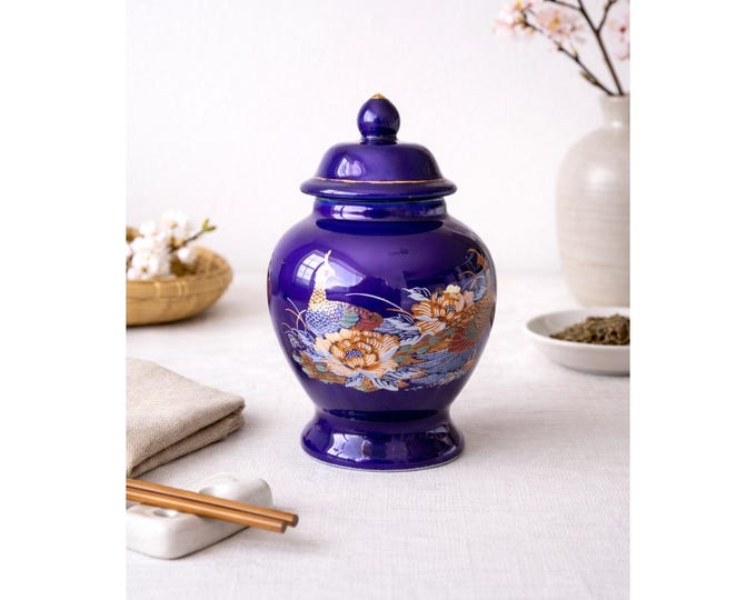 Mini Cobalt Blue Lidded Ginger Jar with Peacock Pattern