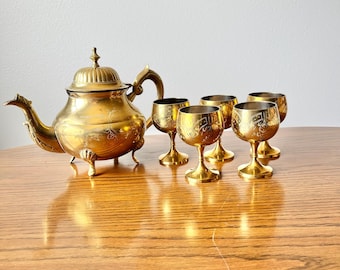 Saudi Arabian Tea Set - Solid Brass Teapot and Brass Goblets Set | Middle Eastern Tea Pot