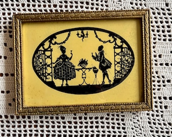 Victorian Glass Silhouette Wood Gold Frame Art with Reverse Mirror | Romantic Gold Silhouette