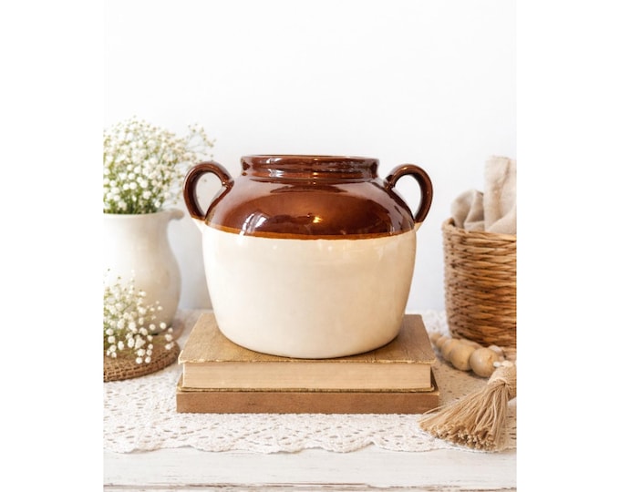 Large Stoneware Two Toned Brown and Beige Bean Crock