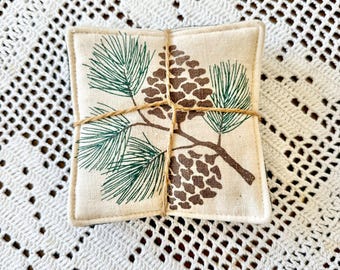 Vintage Christmas Pine Cone Handmade Fabric Coasters - Set of 4