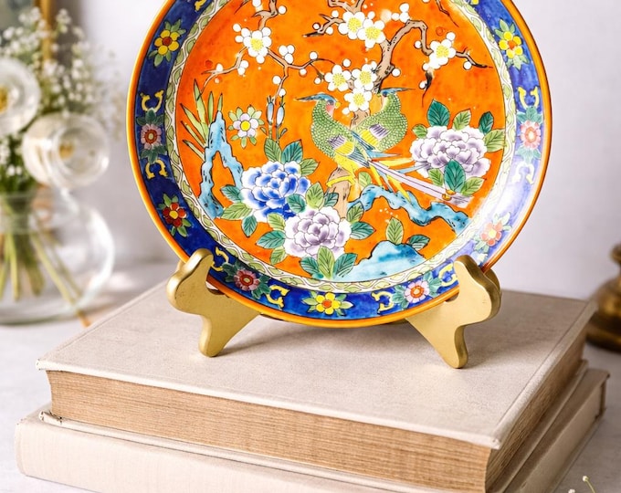 Vintage 1950s Hand Painted Japanese Plate - Bright Colors, Birds & Cherry Blossoms