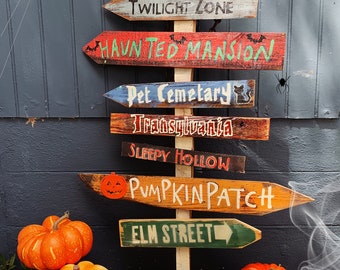 Spookachtige Halloween-borden! Set van 5 +1 GRATIS Directionele Tiki Signs. Custom Made op bestelling. Vrolijke Halloween. Pompoen boerderij houten borden
