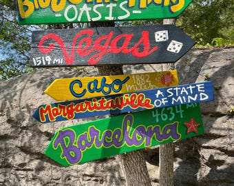 Hand Painted Directional Signs: Reclaimed Wood, Tropical Decor, Set of 9