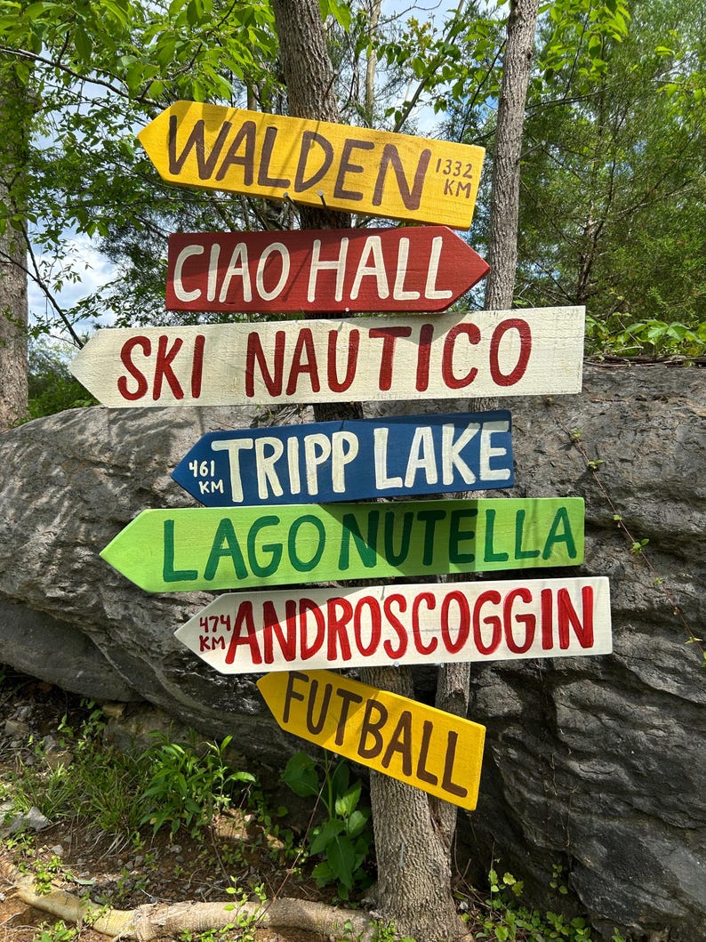K&ouml;nnte beinhalten: Mehrere farbenfrohe Holzschilder, die an einem Baum befestigt sind und in verschiedene Richtungen weisen. Die Schilder tragen Namen wie "WALDEN", "CIAO HALL" und "SKI NAUTICO" sowie Entfernungen in Kilometern.