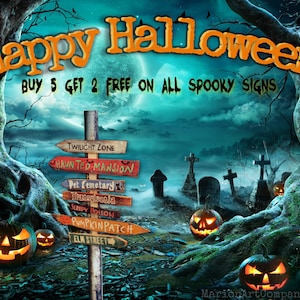 Spooky Trick oder behandeln Zeichen! Satz von 5 + 2 FREE Directional Holz Zeichen. Maßgeschneidert auf Bestellung. Gruselige Halloween. Kürbis Patch Holz Zeichen