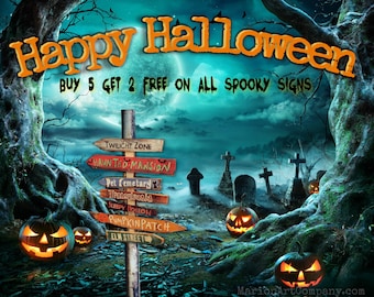 Spooky Trick or Treat Signs! Set van 5 +2 GRATIS Directionele Houten borden . Op maat gemaakt op bestelling. Spookachtige Halloween. Pompoen Patch Houten Borden