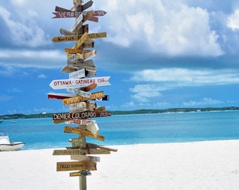Set of 20 Rustic Wooden Beach Directional Signs | Coastal Outdoor Yard Art | Hand-Painted Nautical Decor | Tropical Island Signpost