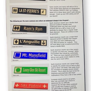 May include: A chart with different symbols and colors used to indicate the difficulty of ski or mountain bike trails. The chart includes descriptions of each symbol and its meaning. The symbols include double black diamonds, single black diamonds, blue squares, green circles, red crosses, and orange rounded rectangles.