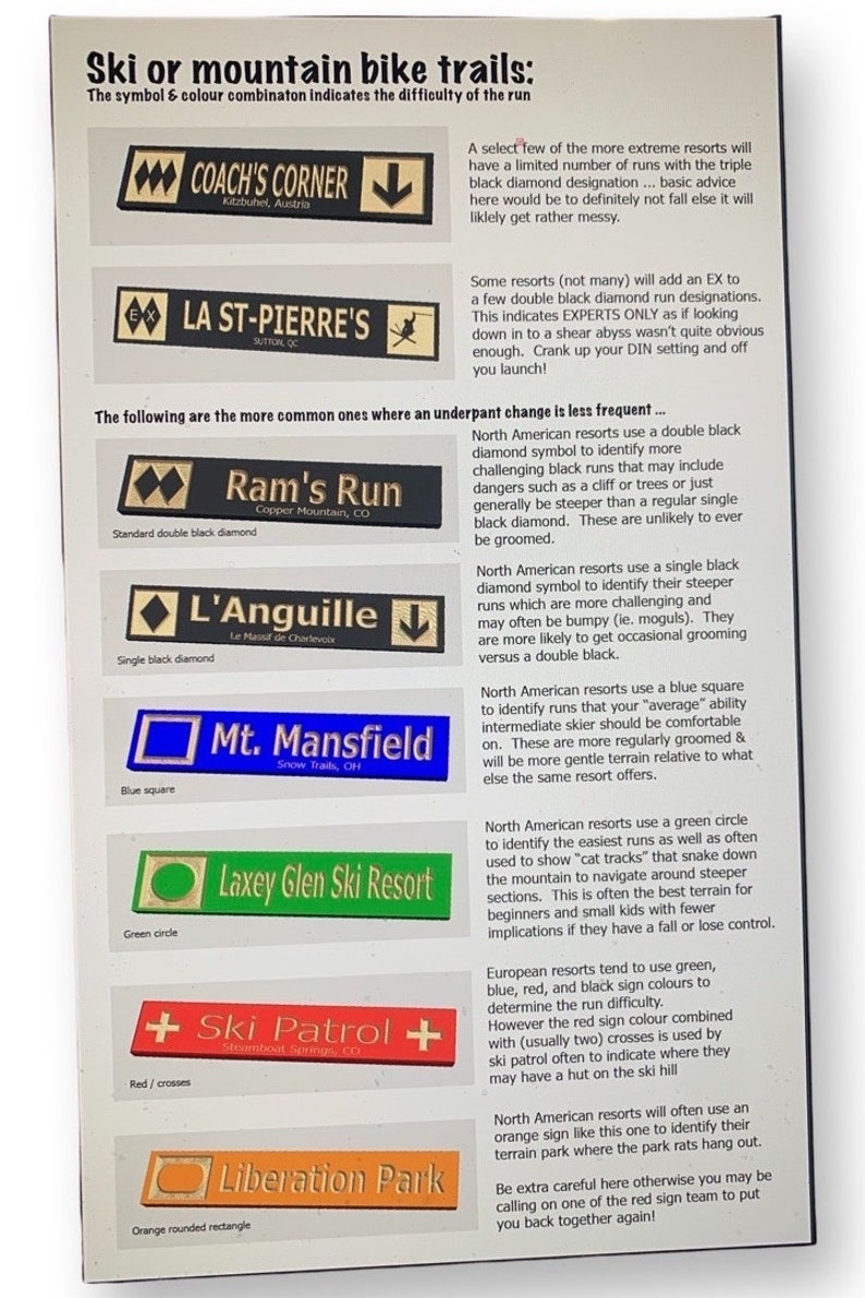 May include: A chart with different symbols and colors used to indicate the difficulty of ski or mountain bike trails. The chart includes descriptions of each symbol and its meaning. The symbols include double black diamonds, single black diamonds, blue squares, green circles, red crosses, and orange rounded rectangles.