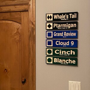 May include: A set of six wooden signs with different ski resort names and locations. The signs are painted in various colors, including black, blue, and green. The signs are arranged vertically on a wall.
