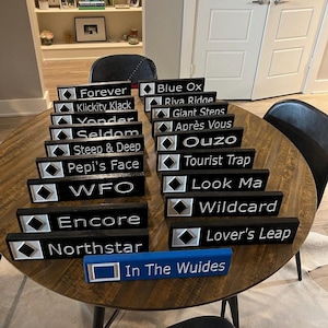 Wedding table signs centrepiece 3”x13” wood carved ski trail signs with stand
