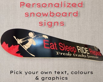 Snowboard shaped personalized wood carved sign