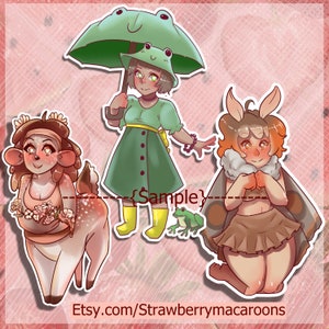Cute vinyl stickers: moth, deer, frog,