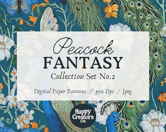 May include: A digital paper pattern collection featuring peacocks, flowers, and butterflies. The collection is called "Peacock Fantasy" and is set number 2. The patterns are 300 dpi and in jpeg format. The image is from Happy Creators Co.