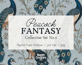 May include: A digital paper pattern set featuring a peacock design with blue, green, and gold colors. The pattern is on a light blue background with floral accents. The text "Peacock FANTASY Collection Set No.1 Digital Paper Patterns / 300 Dpi / Jpeg Happy Creators Co." is included in the image.