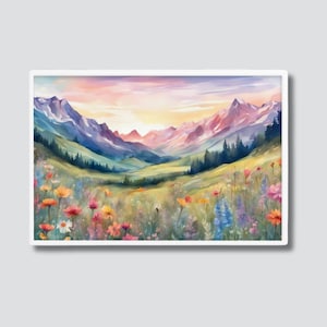 Landscape Collection: Wildflower Meadow and Majestic Mountains Digital Art Print
