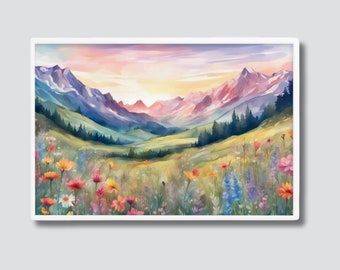 Landscape Collection: Wildflower Meadow and Majestic Mountains Digital Art Print