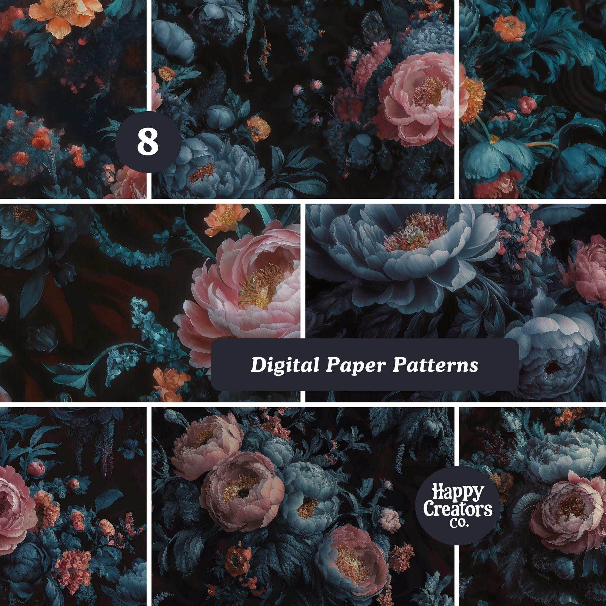 Dark Cottagecore Digital Paper Pack #1, Floral Design, High-resolution ...