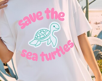 Camiseta con el lema "Salva a las tortugas marinas". Camiseta con estética playera.