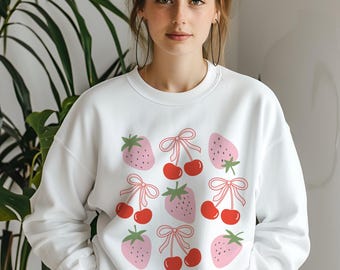 Cherry Strawberry Sweatshirt, Cherry Bow Sweatshirt, Coquette Sweatshirt, Coquette gift, Cherry top, Cherry bow top, coquette aesthetic cute