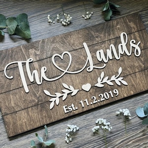 May include: Wooden sign with the words "The Lands" in a cursive font, with a heart and leaf design. The sign also includes the date "Est. 11.2.2019". The sign is made of dark brown wood.