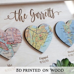 Сustom Wedding gift, Heart Map Print, 3 Map Heart Wood, Wedding or Engagement Gift, We Met We Engagemen We married, Anniversary Gifts