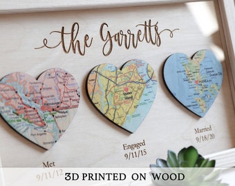 Сustom Wedding gift, Heart Map Print, 3 Map Heart Wood, Wedding or Engagement Gift, We Met We Engagemen We married, Anniversary Gifts