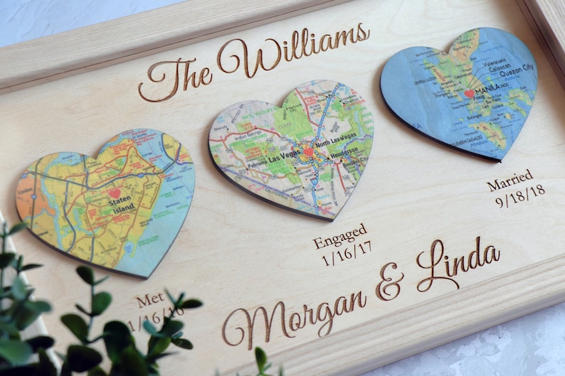 3 Heart Map Print, Christmas Gift for Couple, Bridal Shower Gift, Met Engaged Married, Wedding Gift for Couple, Custom Wedding Gif image 2