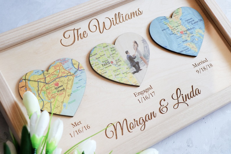 3 Heart Map Print, Christmas Gift for Couple, Bridal Shower Gift, Met Engaged Married, Wedding Gift for Couple, Custom Wedding Gif image 3