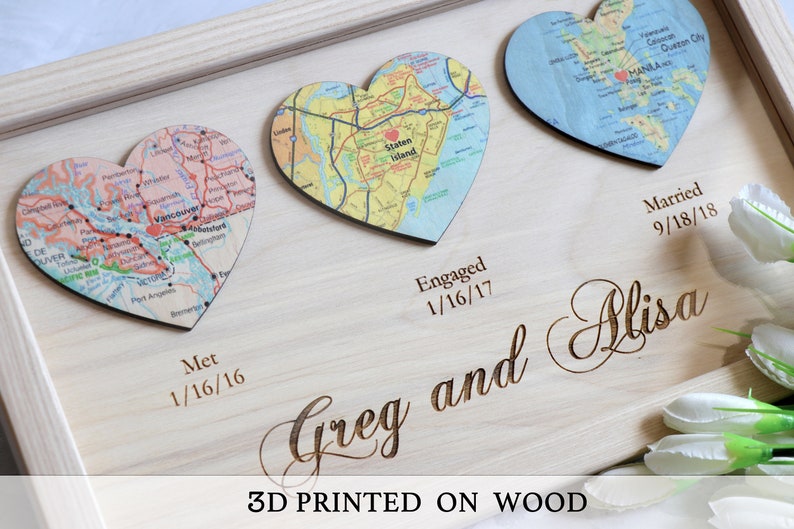 Met Engaged Married, Christmas gift, Wedding gift for Couples Engagement Gift idea Anniversary Gifts 3 Heart Map Print