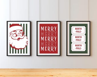Set van 3 digitale vintage kerstafdrukken | Retro vakantiemuurkunst | Feestelijk vintage decor | Afdrukbaar kerstkunstwerk | Direct downloaden