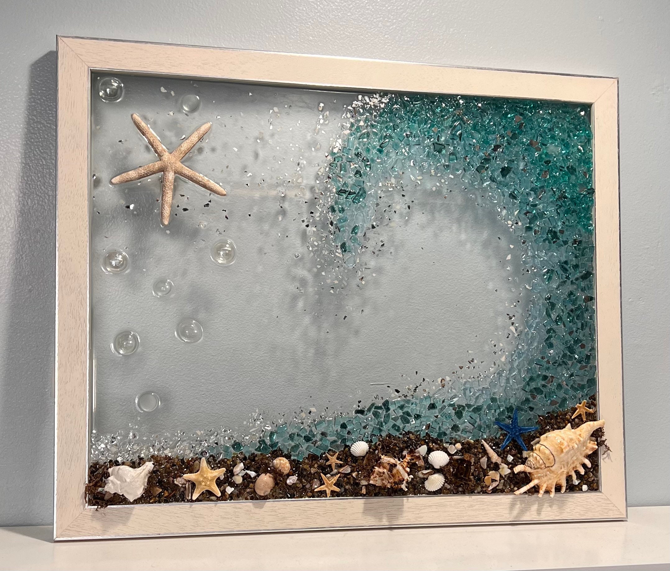 Crushed Glass Art Epoxy Resin Art Beach Ocean Tropical Fish Handmade Gift  Home Decor 