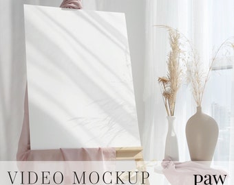 Social Media Video Mockup, Welcome Sign Video Mockup On Wooden Easel With Pink Scarf, Beige And White Vases On Round Coffee Table, Reels