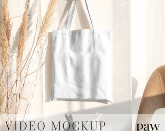 Social Media Video Mockup,Tote Bag Video Mockup. Shopping Bag In Boho Style On Wooden Hook With Beige Chair And Dry Flowers,Bag Mockup,Reels