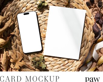 Autumn 5x7 Card With Phone Mockup, Device Mockup, Wedding Invitation Card Mockup, Digital Card Mockup, Electronic Card Mockup 2cp Fl2