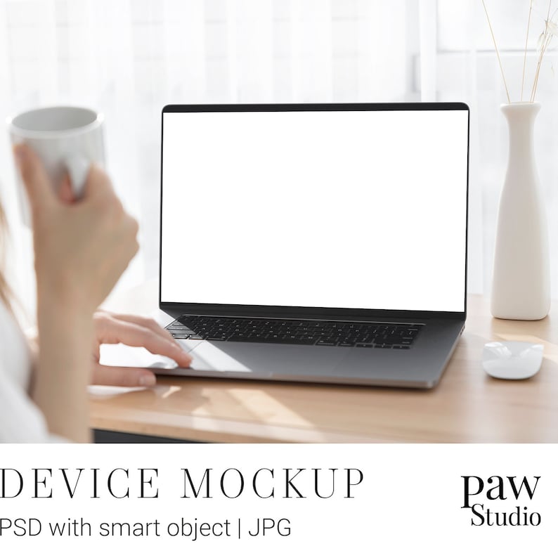 May include: A person working on a laptop computer with a white screen. The laptop is on a wooden desk with a white mug and a white vase with dried flowers.