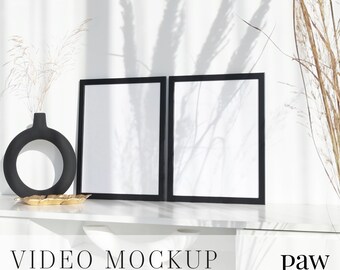 Social Media Video Mockup, Video 3x4 Frames Mockup With Black And White Vase With Dry Flowers On White Table, Video PSD Mockup, Reels