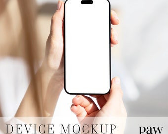 Device Phone Mockup In Hands On White And Beige Background, Digital Mockup For Promotion Through Social Media